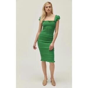 Capulet Green Ruffle Sleeve Square Neck Smocked Midi Dress - Size - Large